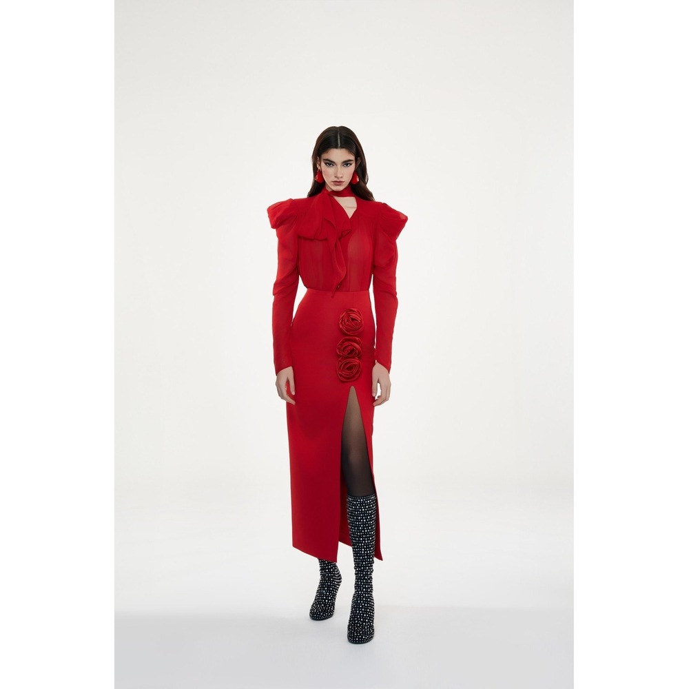 Innovare Denim NEW Women's‎ Red Sheer Button Down Tie Neck Puff Sleeve Blouse S
